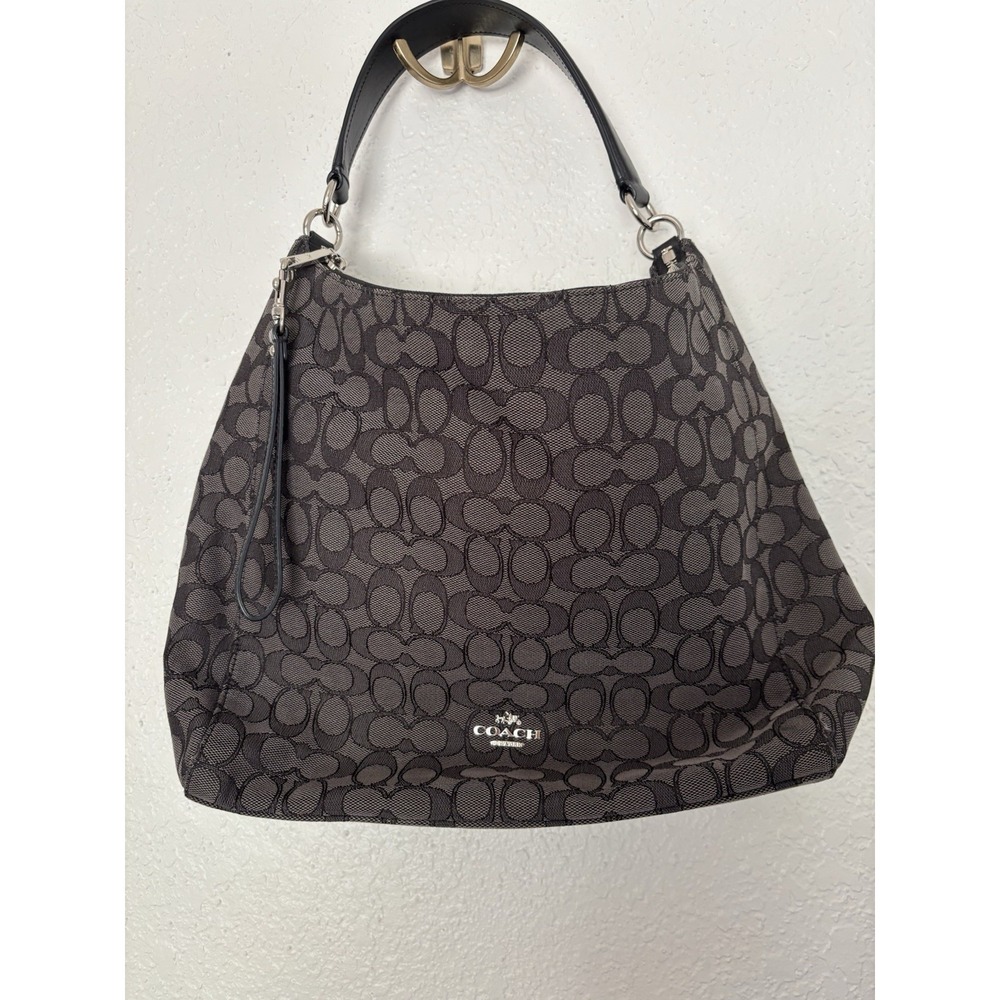 Coach Signature Jacquard Purse Handbag Hobo Style Black‎ and Grey - Picture 2 of 12